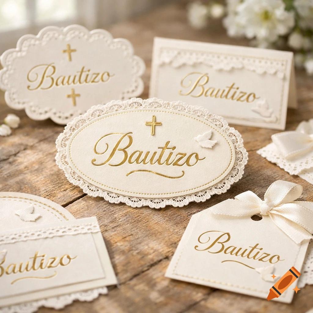 Decorative cream-colored baptism (Bautizo) labels and tags with gold script text and small crosses, featuring lace and ribbons, on a rustic wooden surface.