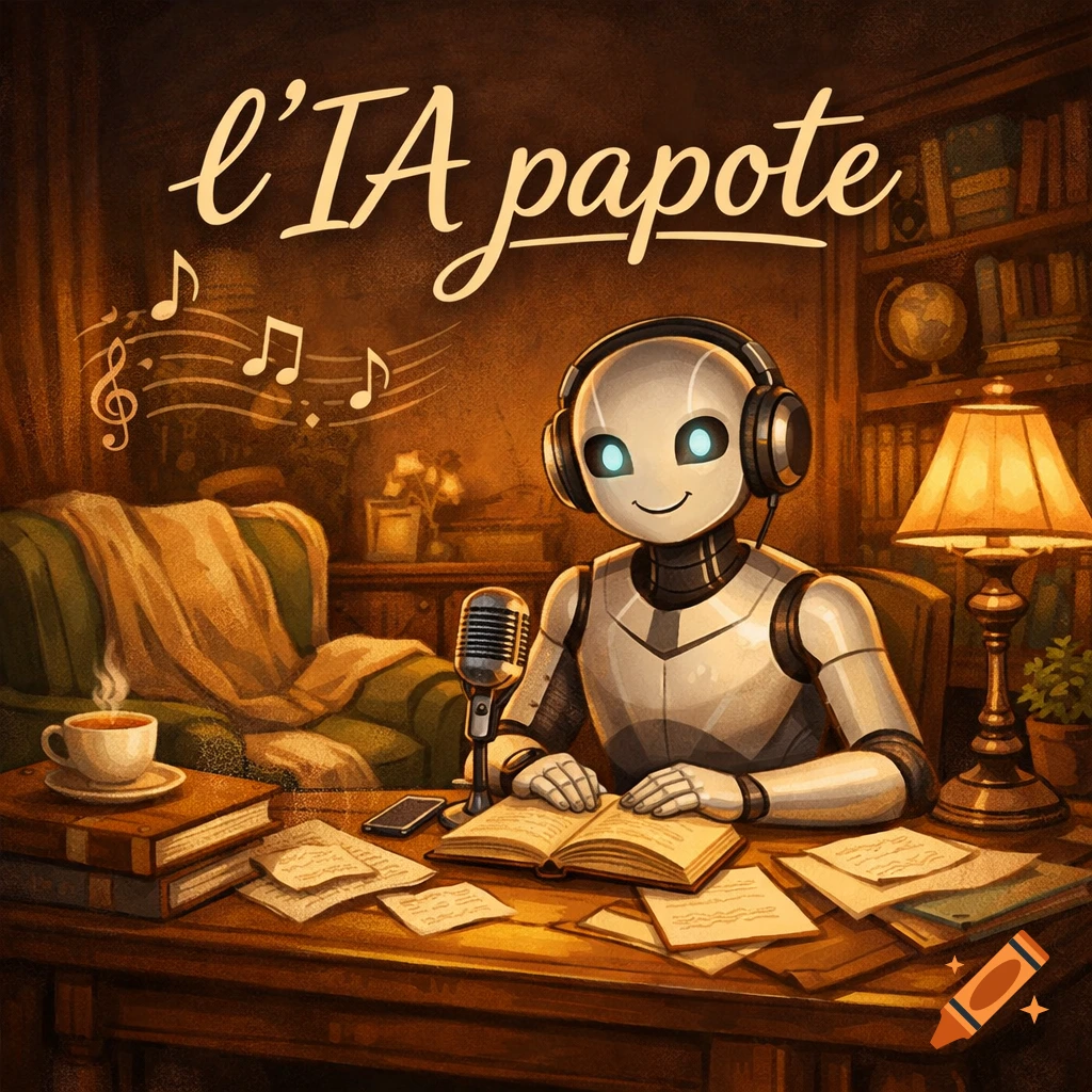 A friendly robot wearing headphones sits at a wooden desk with a microphone and open books, in a cozy, warm-lit study, illustration.