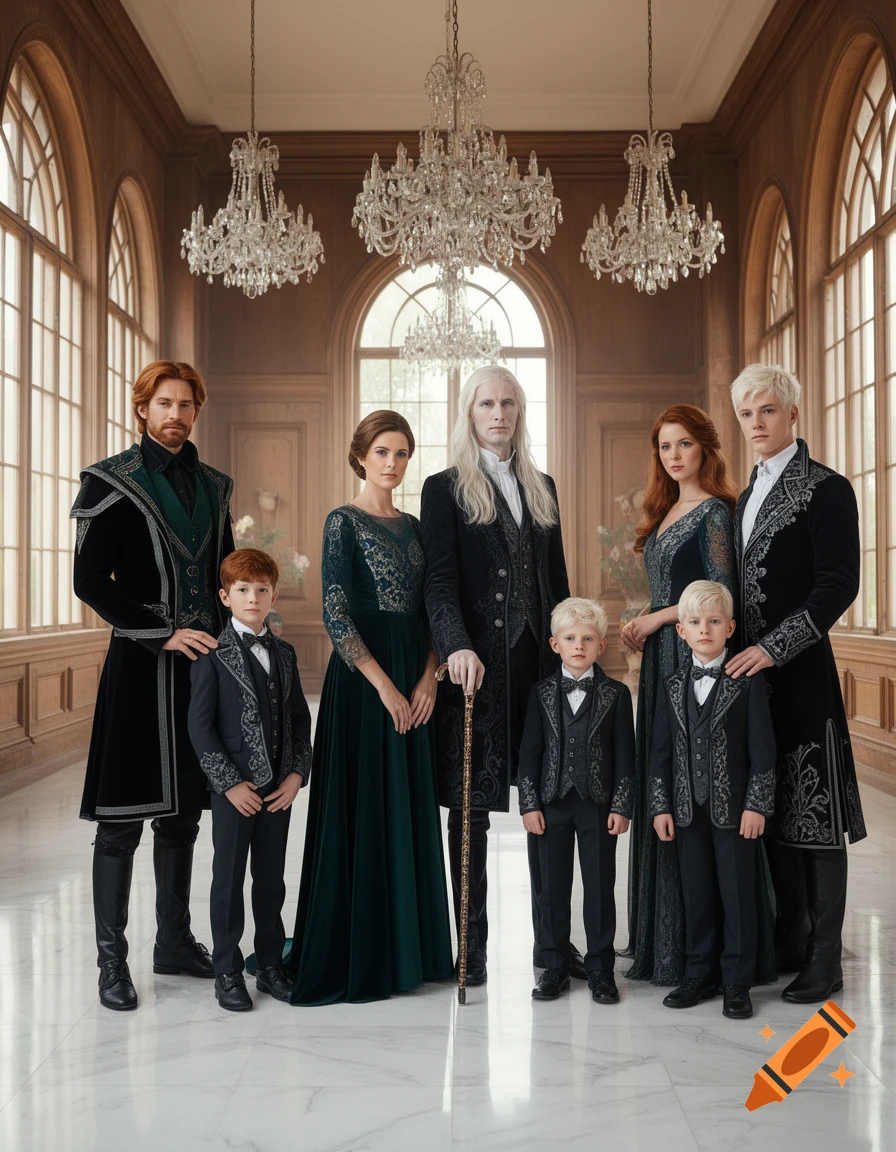 A full-length portrait of seven people in elegant fantasy attire standing in a grand manor hall with chandeliers and tall windows.