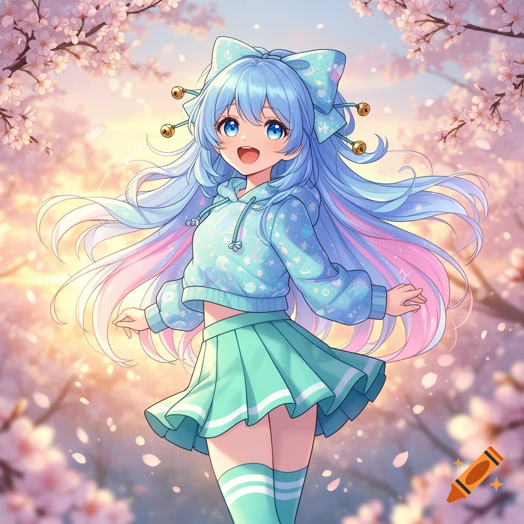 A cheerful anime girl with long light blue and pink hair, wearing a cropped hoodie and a pleated skirt, stands smiling among pink cherry blossoms.