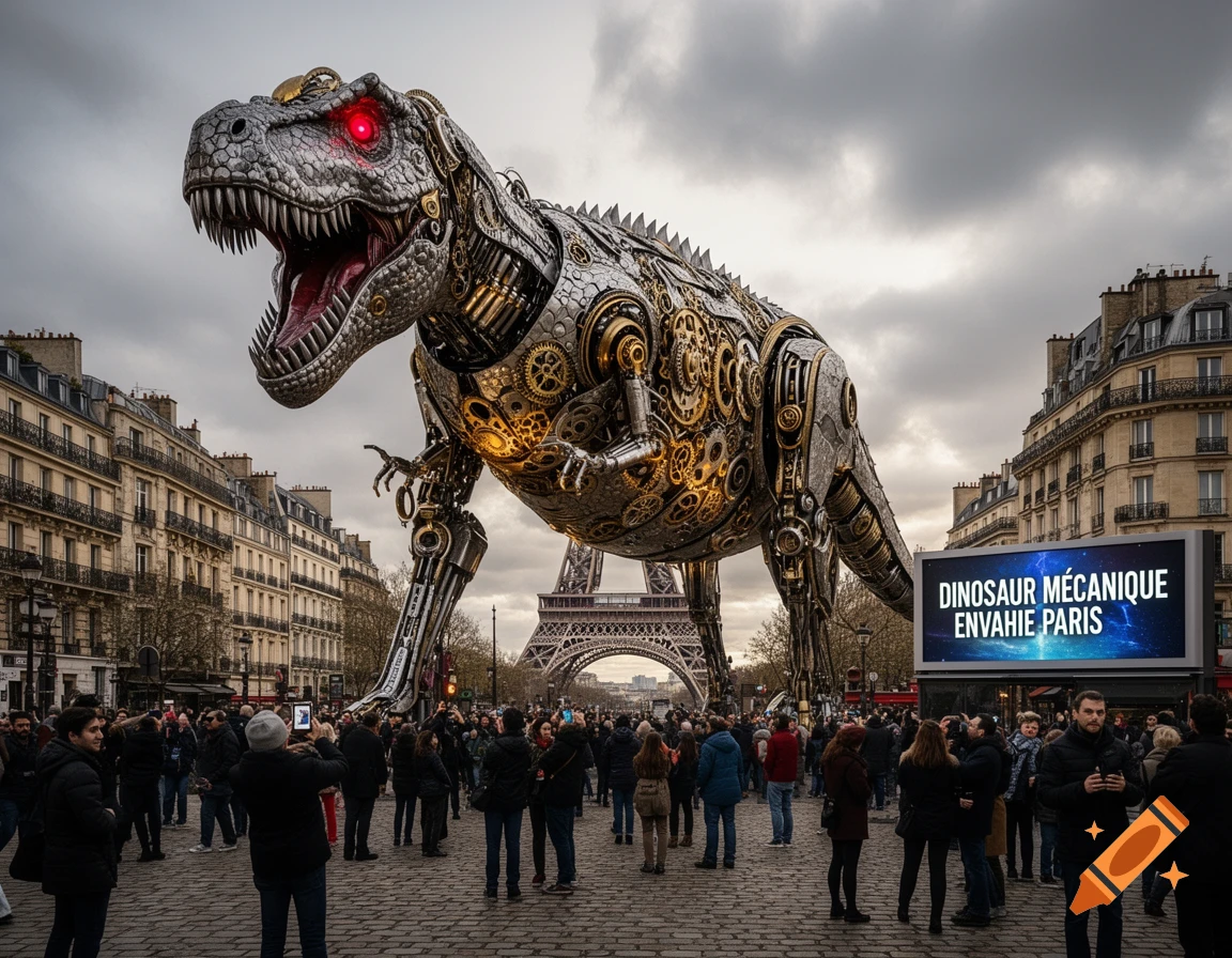 A giant, metallic dinosaur with glowing red eyes stands in a bustling Paris street, with the Eiffel Tower visible, under a cloudy sky.