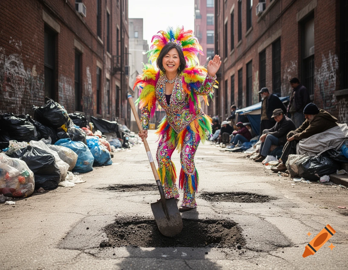 A smiling woman in a vibrant feathered carnival outfit waves while holding a shovel in a pothole in a dirty urban alley with garbage and homeless people.