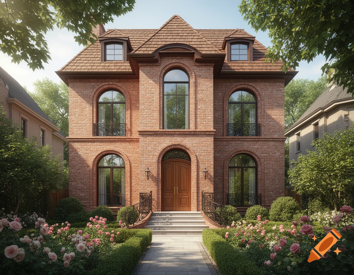 A grand red brick villa with a brown roof and arched windows, surrounded by lush green hedges and pink rose bushes in a sunny garden.