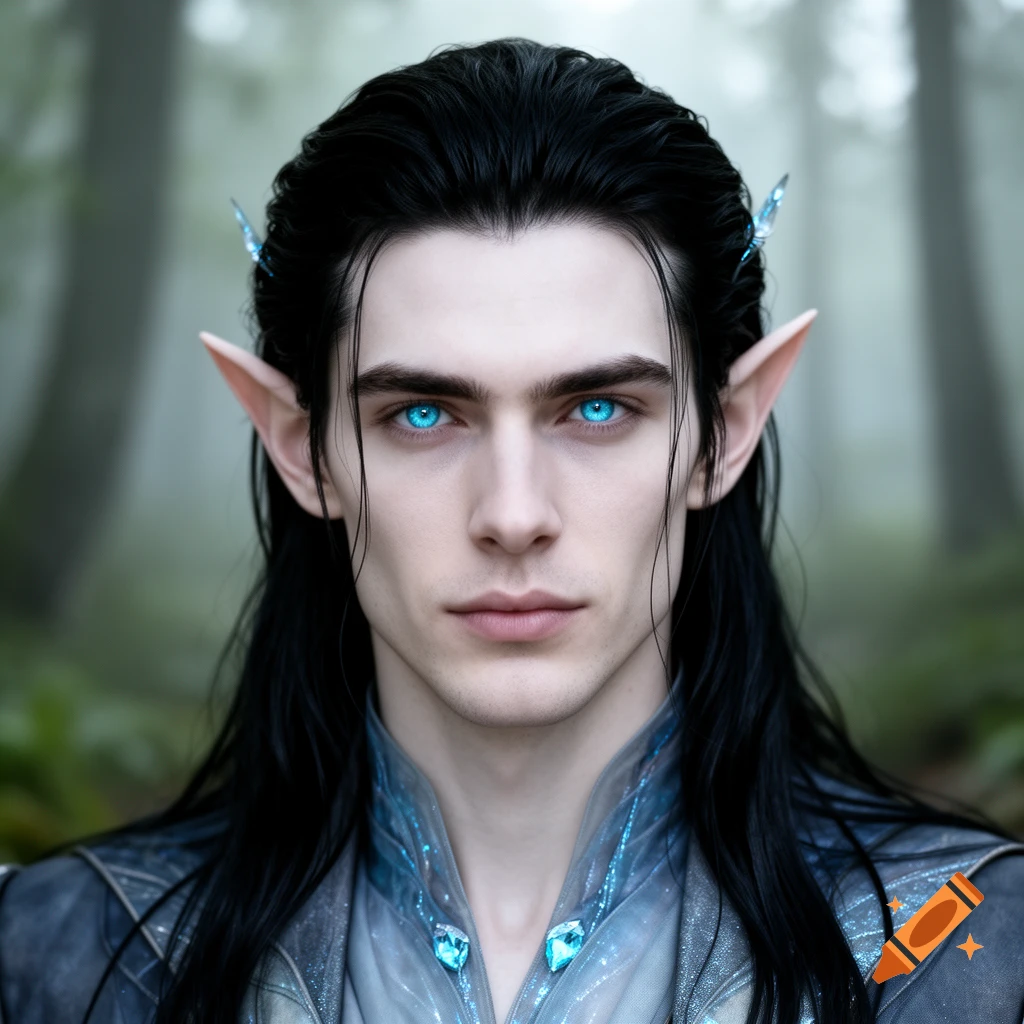 Photorealistic portrait of a handsome fae man with long black hair ...