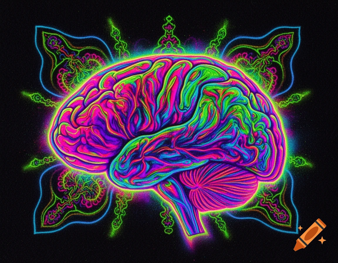 A vibrant, psychedelic illustration of a human brain in neon pink, green, purple, and blue, with glowing patterns on black.