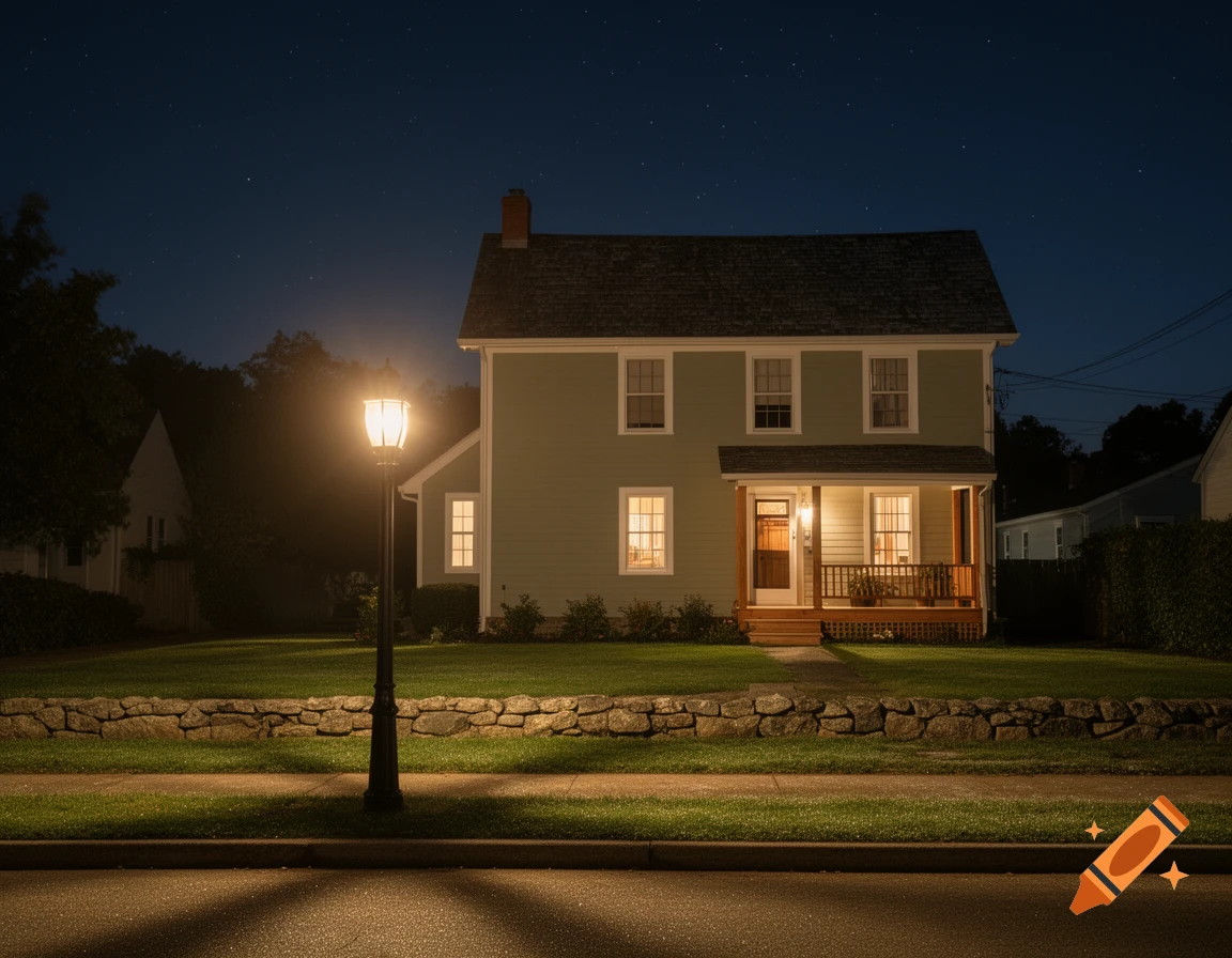 A two-story green house with a lit porch and windows at night, illuminated by a street lamp in the foreground.