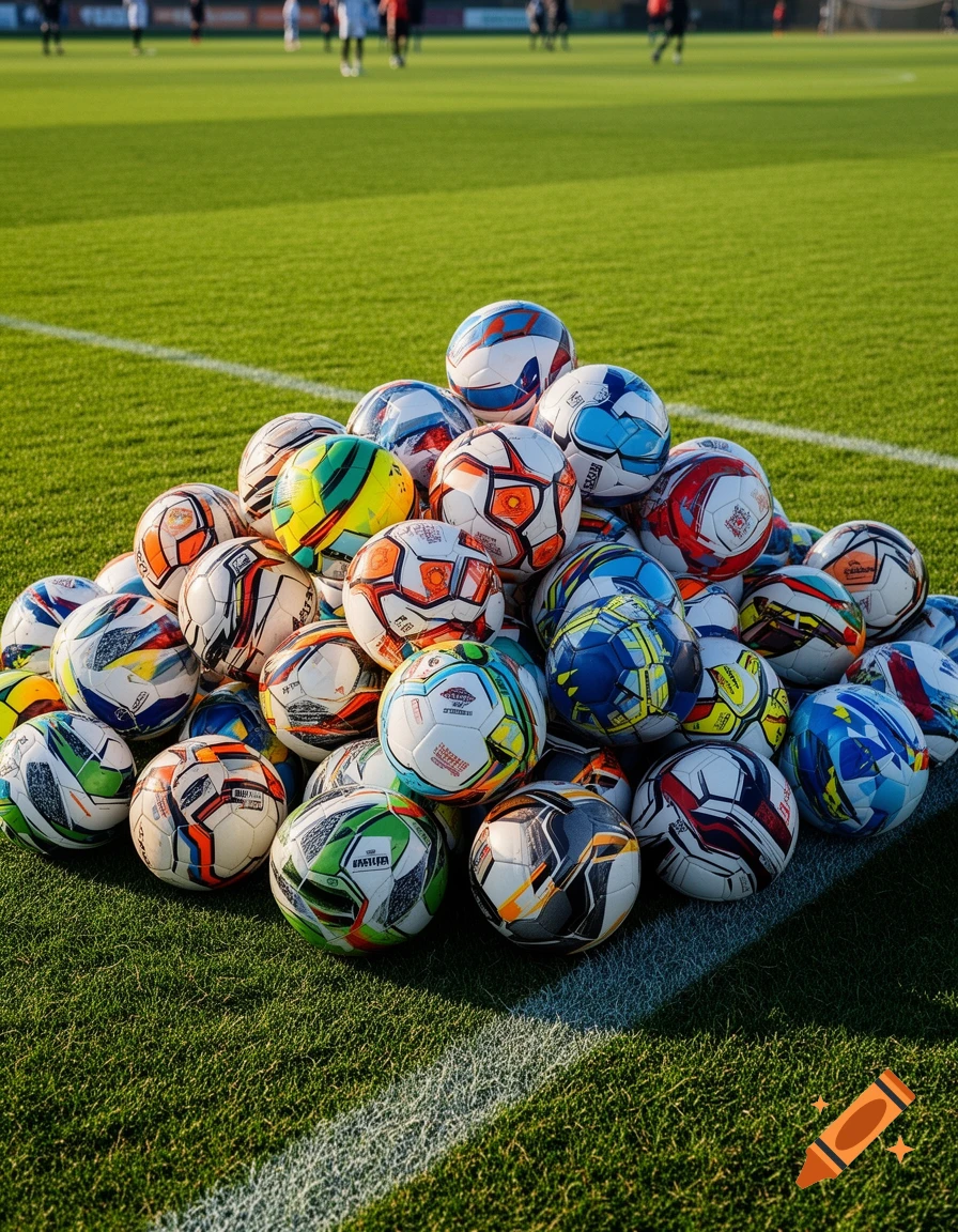 A large pile of colorful soccer balls rests on a green grass field with white lines.