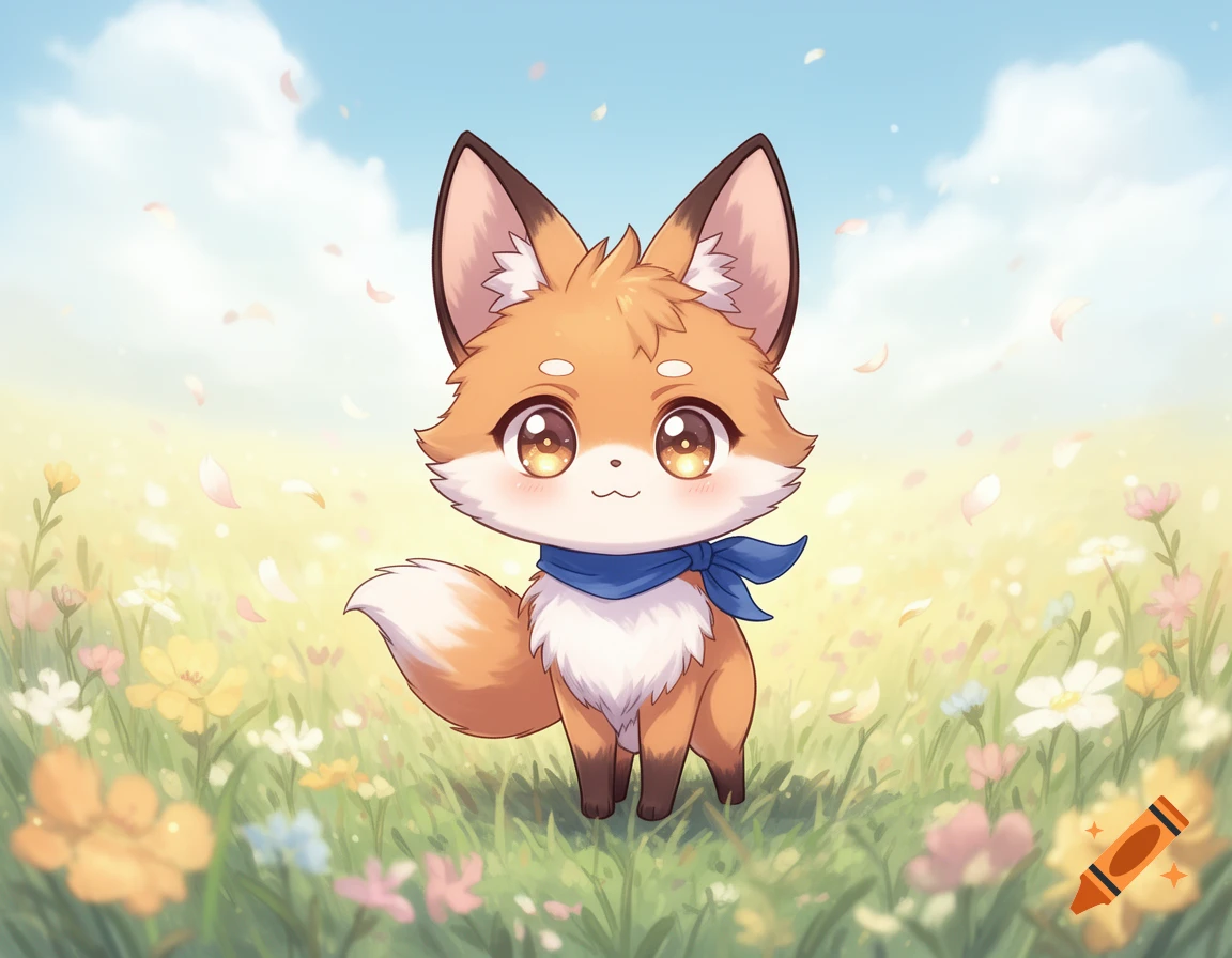 A cute, orange and white chibi fox with big eyes and a blue scarf stands in a field of colorful wildflowers with pink petals falling.