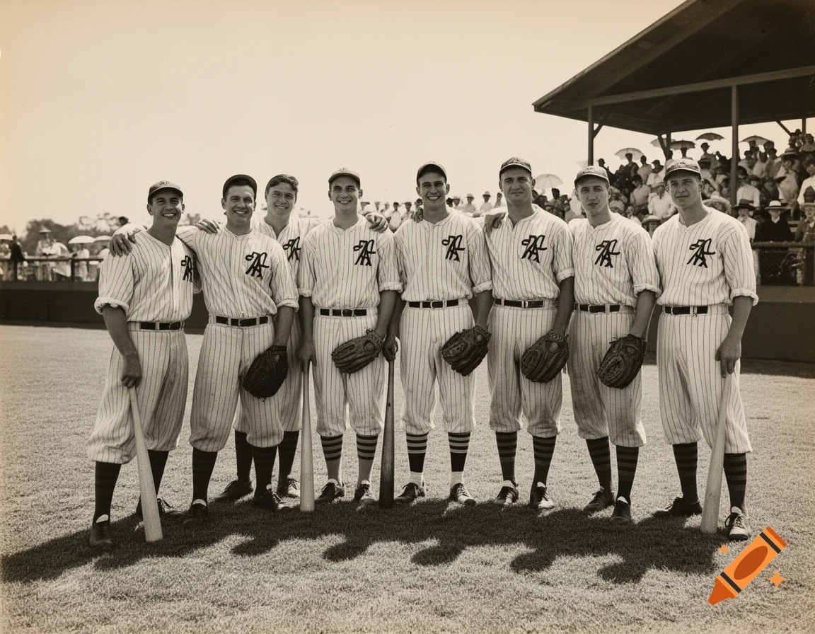 A vintage sepia-toned team photograph of eight smiling baseball players in pinstriped uniforms and caps, holding bats and gloves on a field.