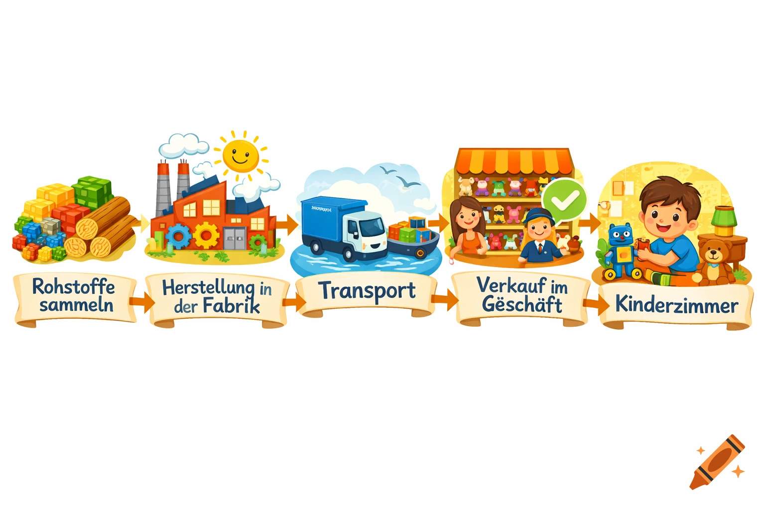 A colorful infographic showing the toy supply chain: collecting raw materials, factory production, transport by truck and ship, toy store sale, and a child playing with a toy in a bedroom.