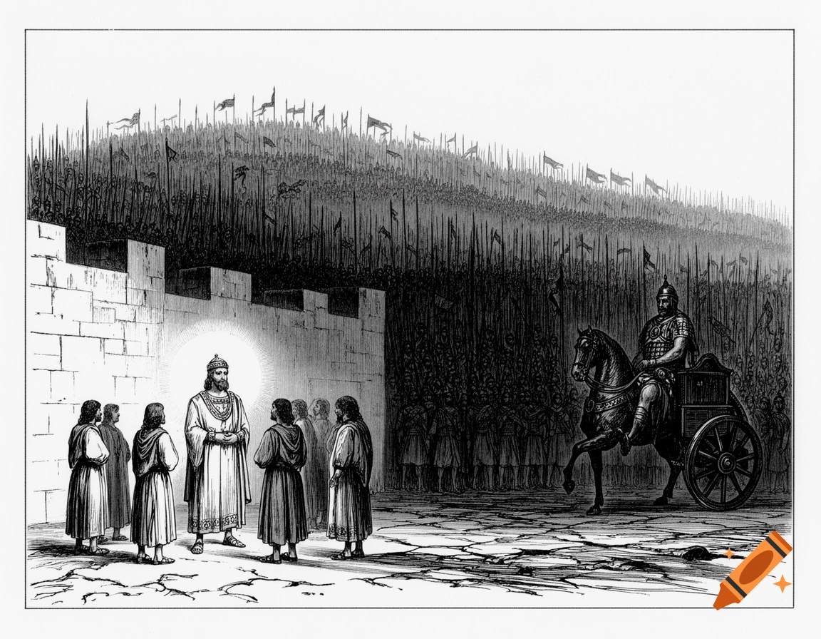 A black and white engraving depicts King Hezekiah and Judeans by a city wall, facing Sennacherib in a chariot and a massive Assyrian army.