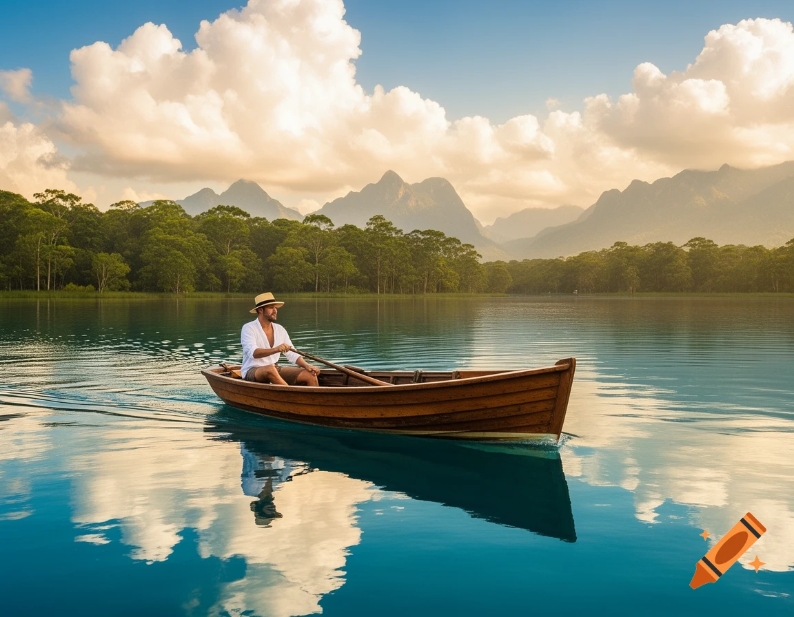 A man in a straw hat and white shirt rows a wooden boat across a serene lake, with lush forests and mountains under a cloudy sky.