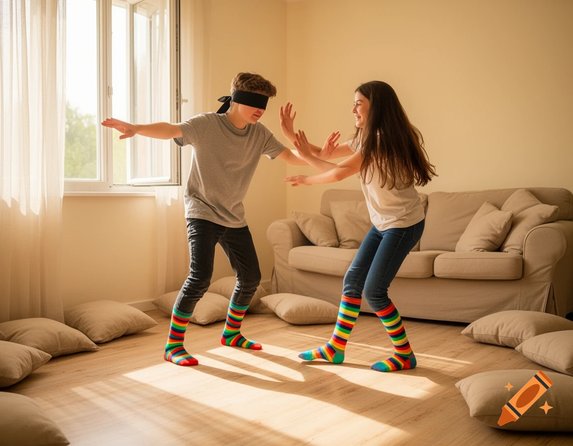 Two teenagers play blind man's bluff in a sunlit living room with pillows on the floor. One is blindfolded, both wear colorful striped socks.