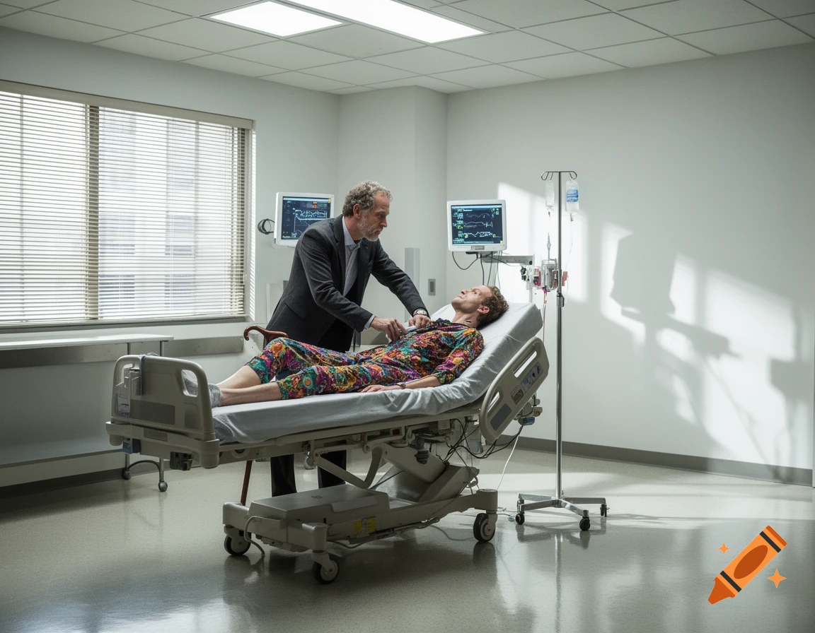 A doctor examines a patient lying in a hospital bed in a sterile, brightly lit room with medical equipment.