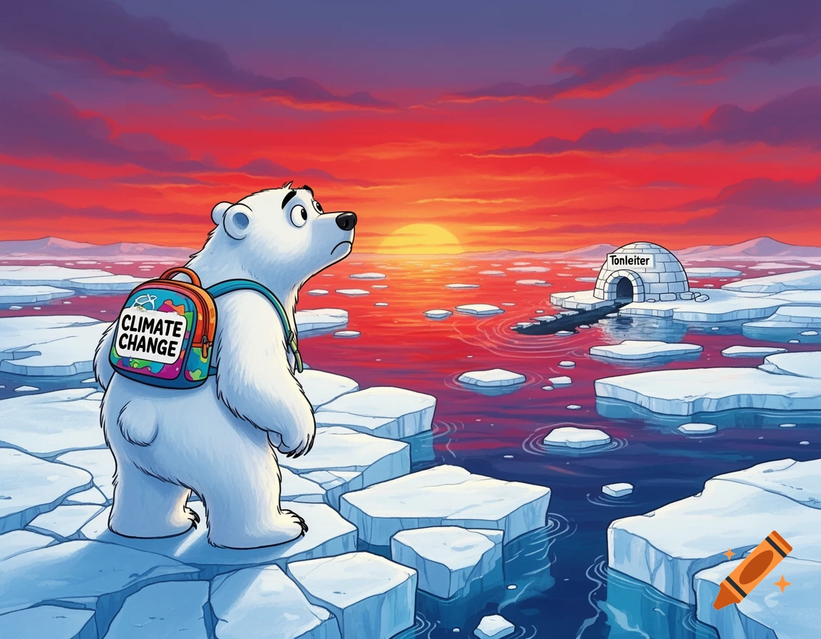A concerned cartoon polar bear with a "CLIMATE CHANGE" backpack stands on melting ice at sunset, looking towards a distant igloo labeled "Tonleiter".