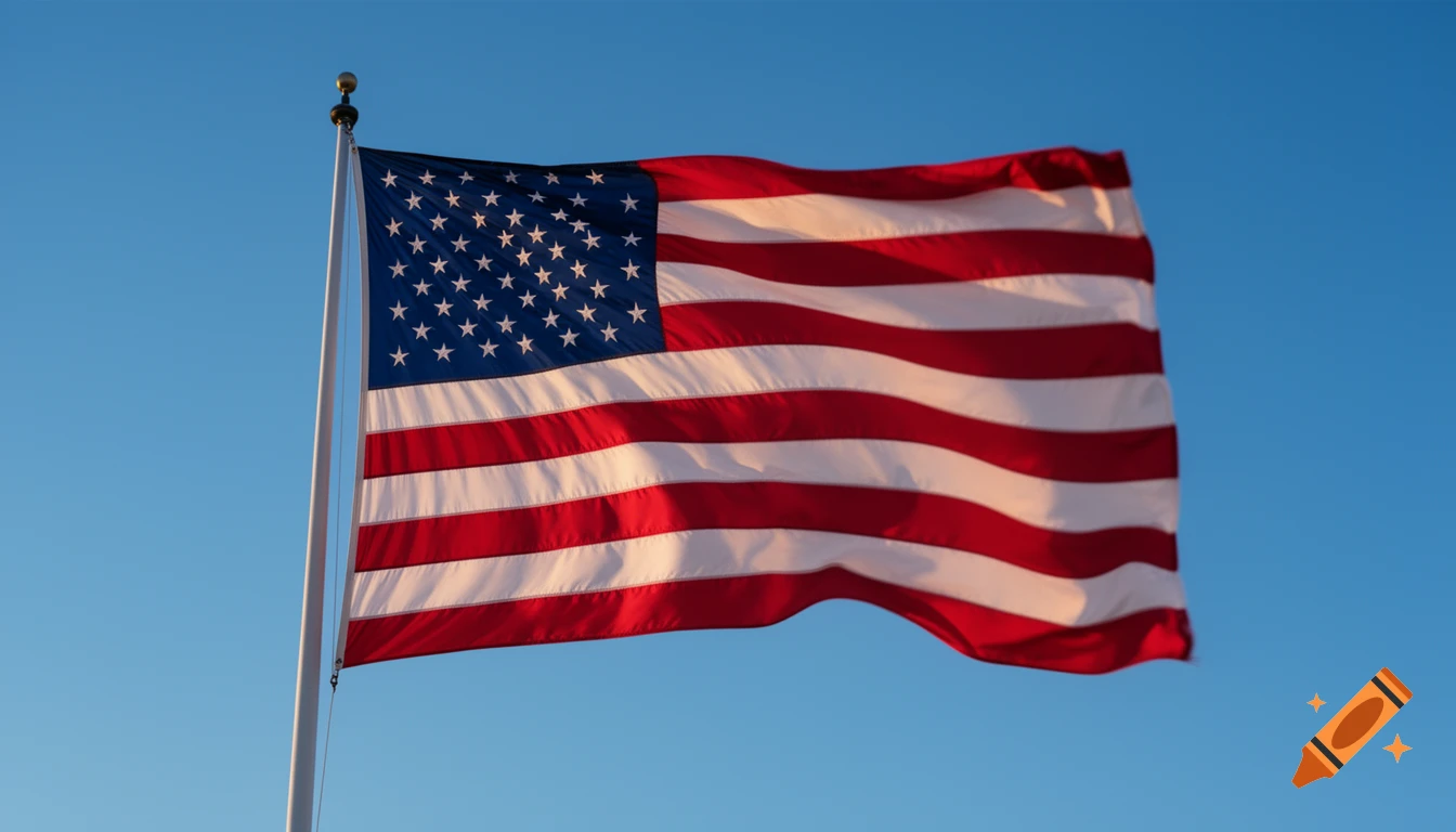 An American flag waves against a clear blue sky.