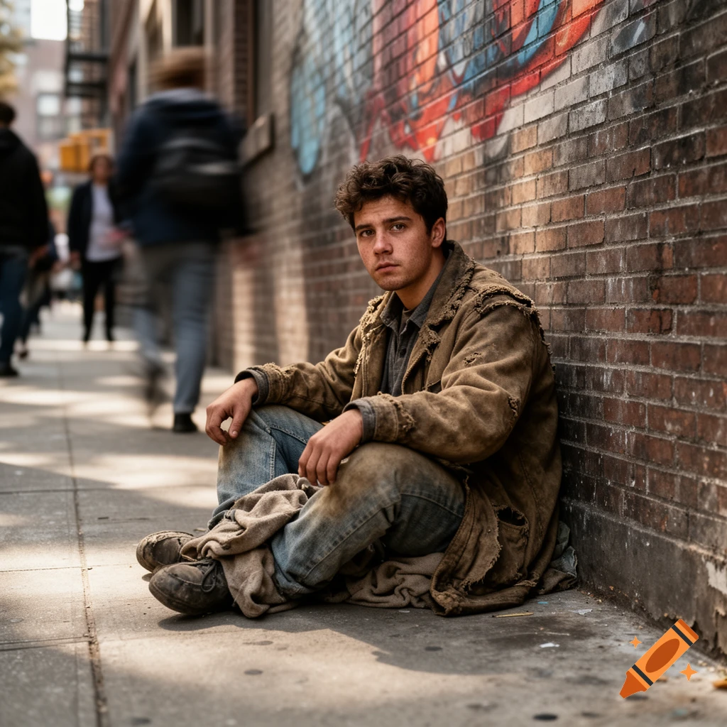 Photorealistic image of a young man, appearing homeless, sitting on an urban sidewalk against a graffiti-covered brick wall.