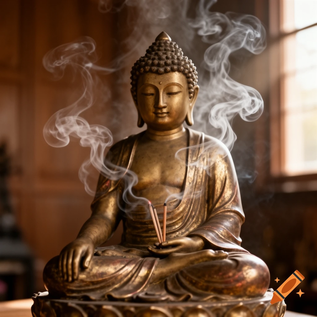 Bronze Buddha statue meditating as white smoke swirls around it in a warm, dimly lit room.
