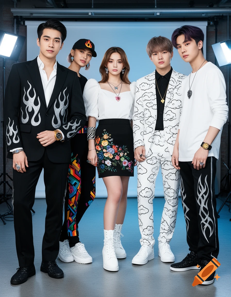 Five young people in diverse, fashion-forward K-pop inspired outfits pose together in a studio setting.