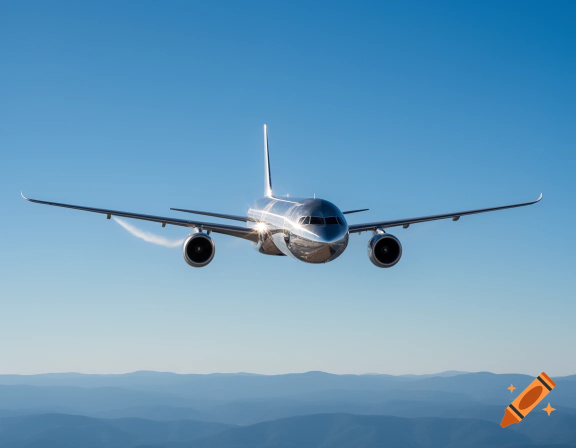 A shiny, chrome airplane flies directly towards the viewer in a clear blue sky, with distant mountains below.