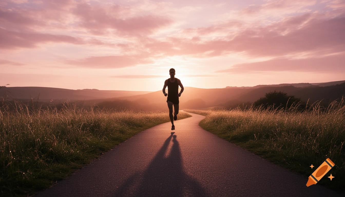 A silhouette of a runner on a winding path at sunrise, surrounded by grassy hills, in a photorealistic style.