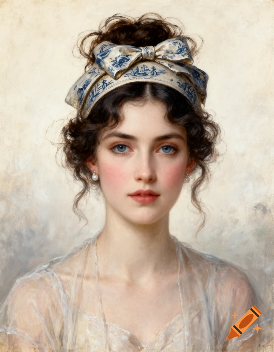 Impressionistic portrait of a young woman with dark curly hair, blue eyes, and a patterned bow, wearing a sheer white blouse.