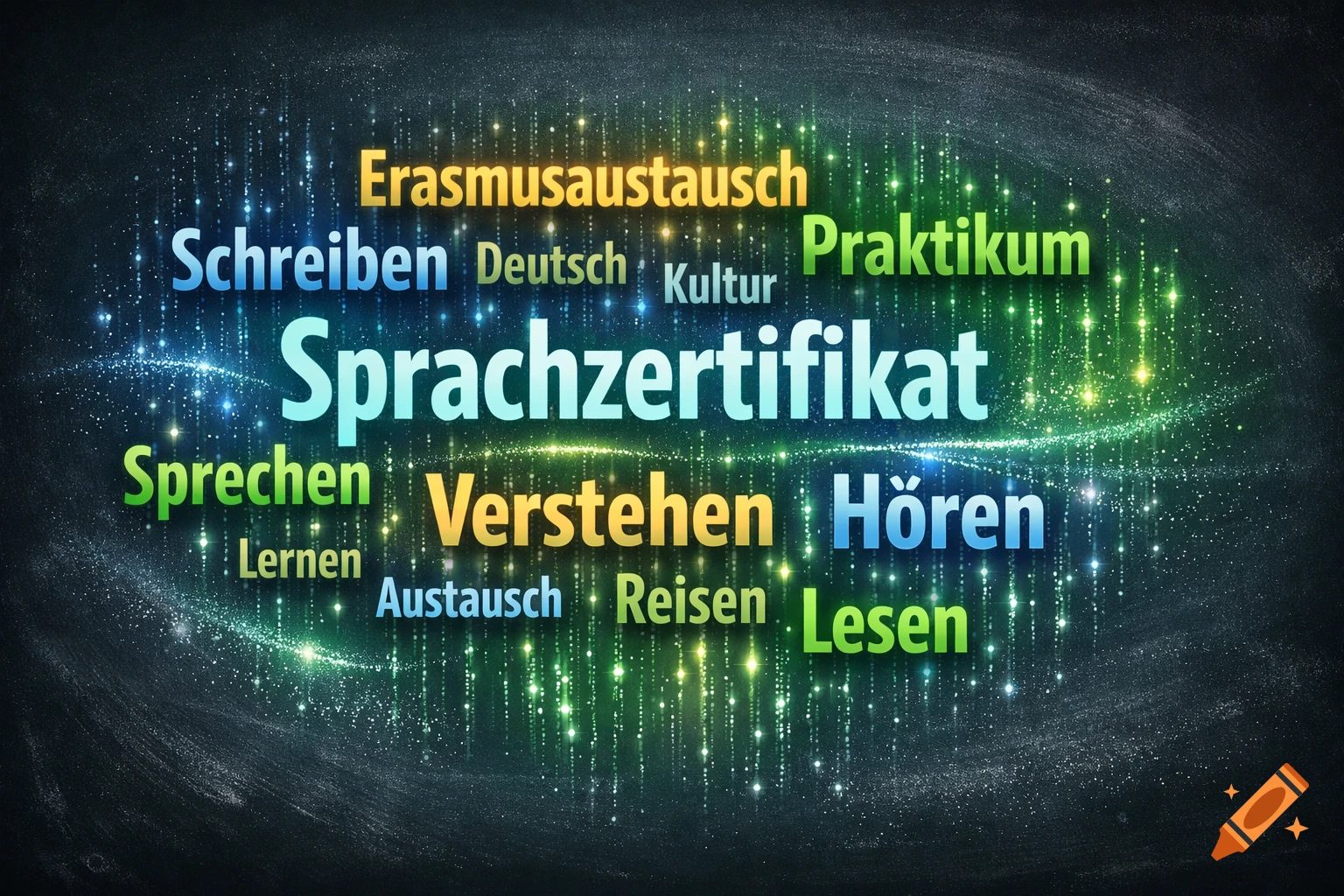 A word cloud on a dark background with various German words related to language learning and travel, illuminated by colorful light streaks.