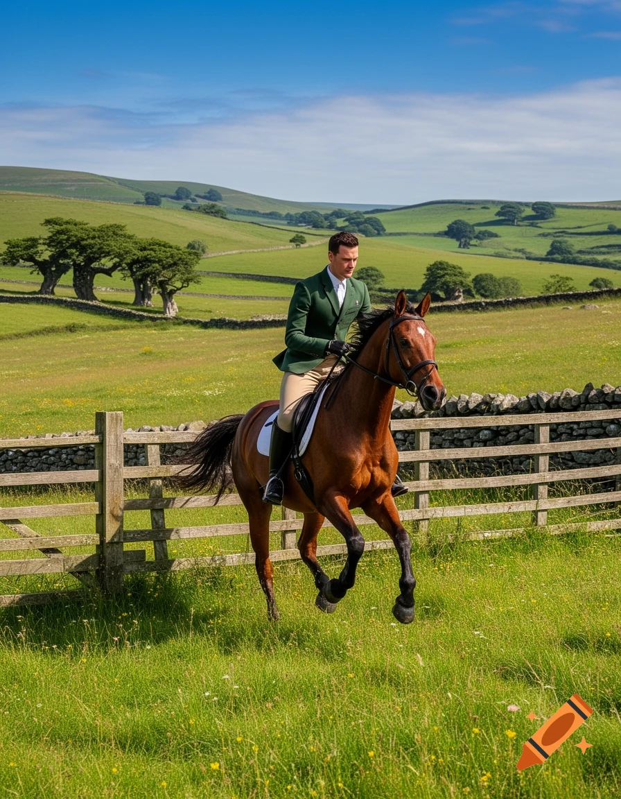 A man in equestrian attire rides a brown horse through a lush green field with rolling hills and a stone fence.