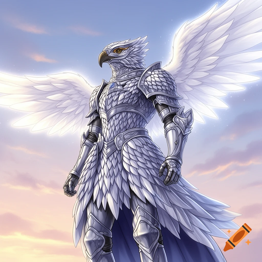 A majestic hawk-headed knight in gleaming silver armor and large white wings stands against a cloudy sky.