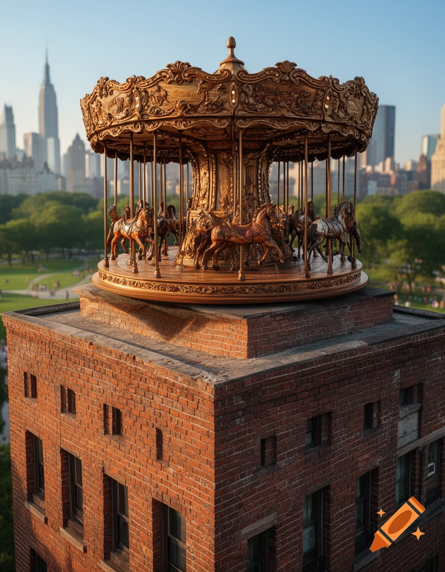 An ornate golden carousel sits atop a red brick building with a city skyline and park in the background.
