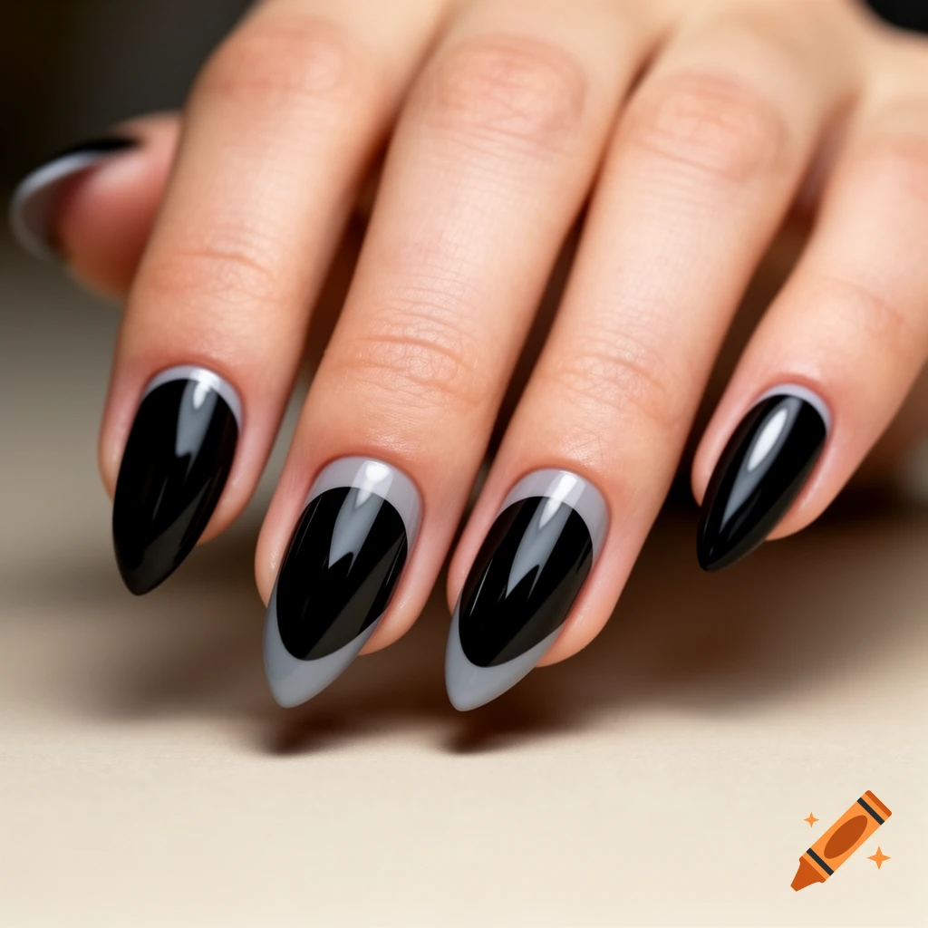 Close-up of a hand with almond-shaped nails featuring a black base and grey French tips.