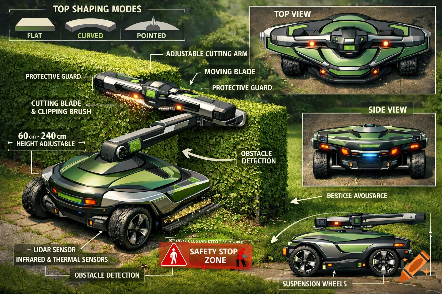 Futuristic green and silver autonomous hedge-cutting robot concept illustration with technical labels and side/top views in a garden.