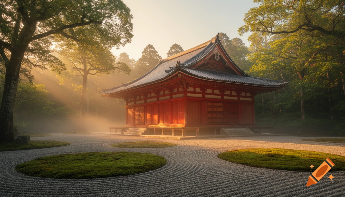 A traditional red Japanese Zen temple stands bathed in morning sunlight amidst a misty forest, beside a raked gravel Zen garden with moss.