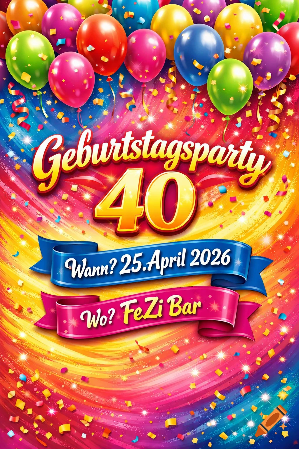 Vibrant birthday party flyer with colorful balloons, confetti, and text 'Geburtstagsparty 40', 'Wann? 25.April 2026', 'Wo? FeZi Bar'.