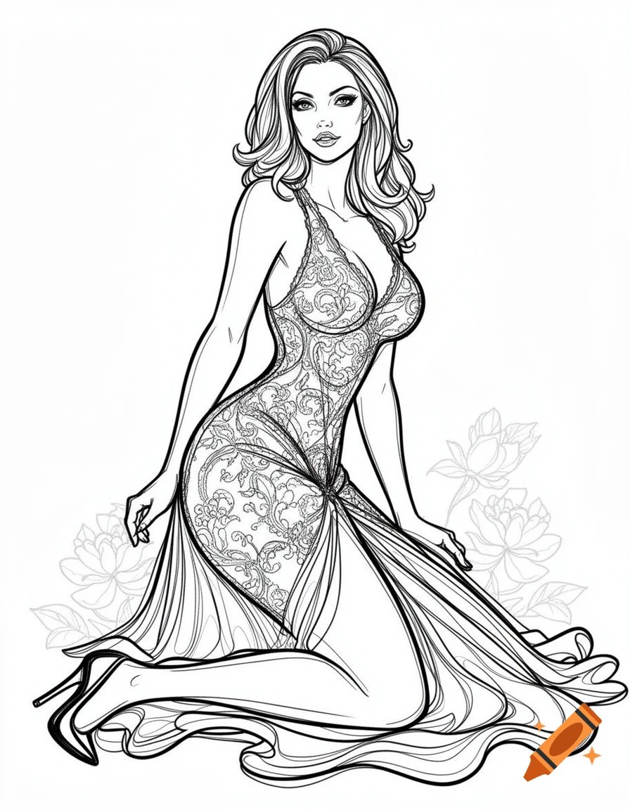 Black and white line drawing of a curvy woman in a lace dress and high heels, kneeling.