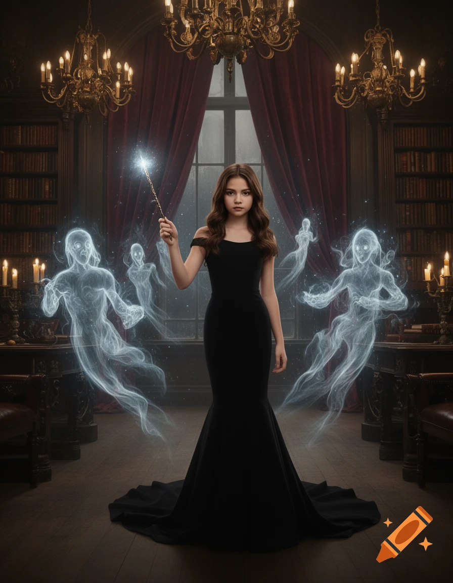 A young sorceress in a black gown holds a glowing wand, summoning ethereal ghosts in a grand, dimly lit library.