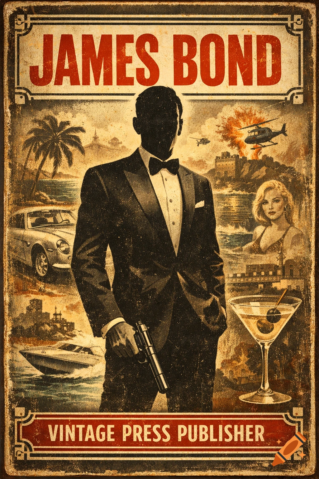 Vintage James Bond poster with a silhouetted man, gun, martini, woman, cars, boats, and helicopters.
