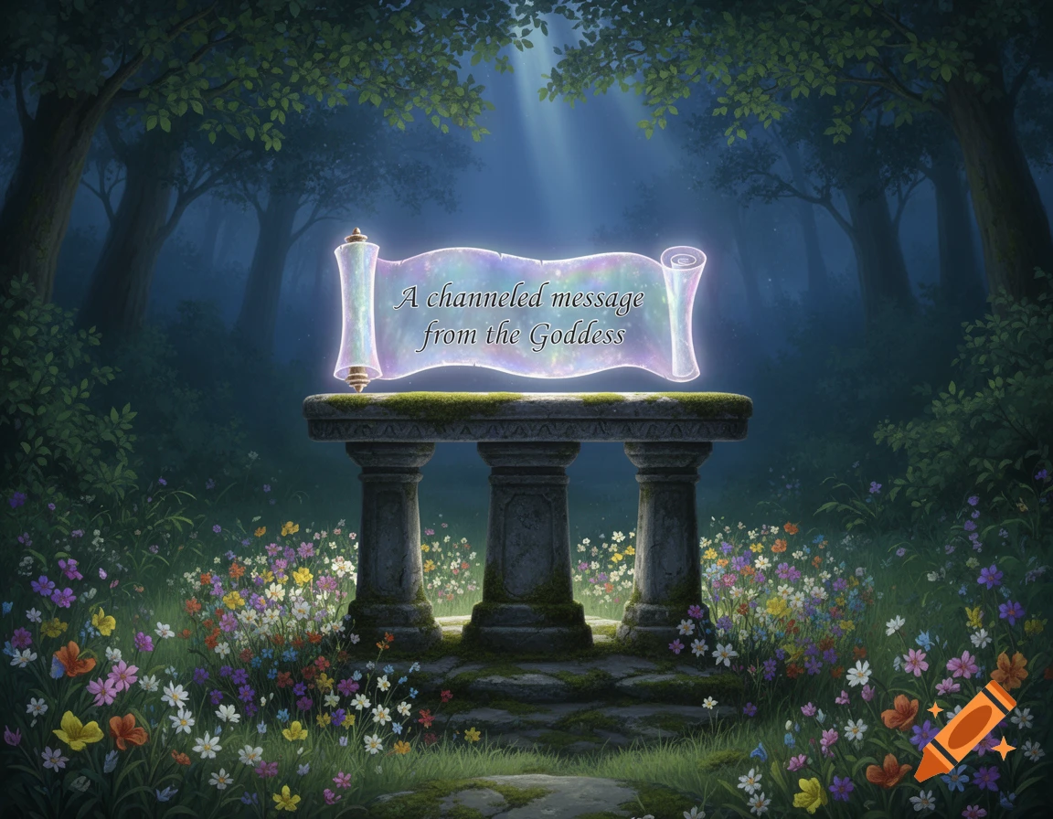 A glowing magical scroll on a stone pedestal in an enchanted forest ...