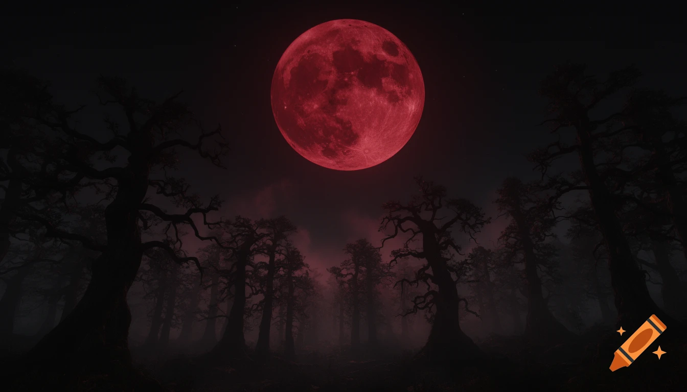 A dark, eerie forest with twisted, silhouetted trees under a large, glowing red blood moon in a foggy night sky.