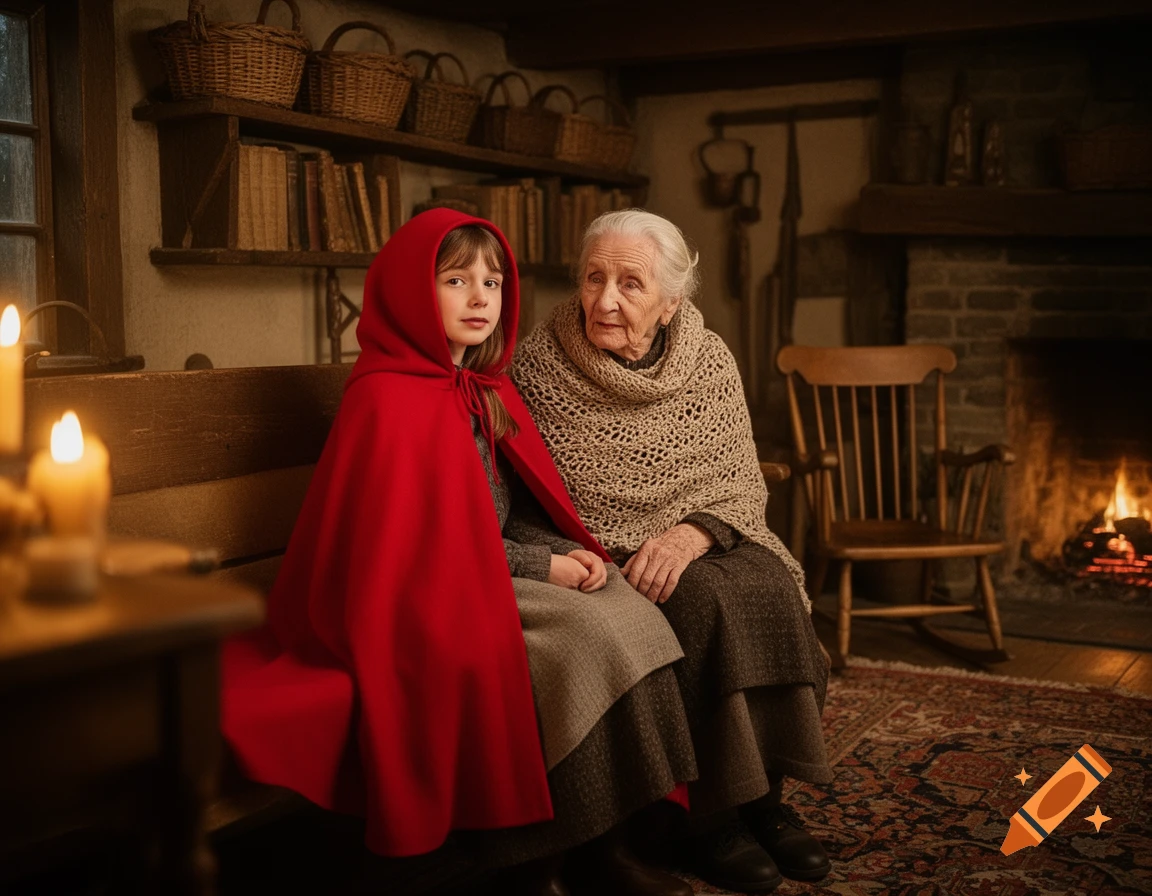 A young girl in a red hooded cloak sits beside an elderly woman wrapped in a shawl, both in a warm, dimly lit room with a fireplace and bookshelves.
