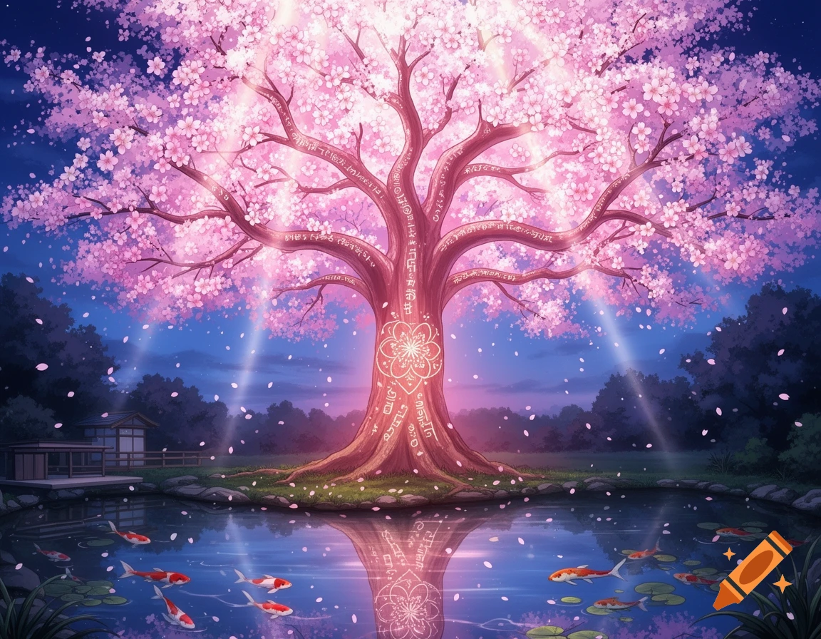 A luminous pink cherry blossom tree with etched symbols, surrounded by falling petals, reflected in a koi pond in a Japanese garden.