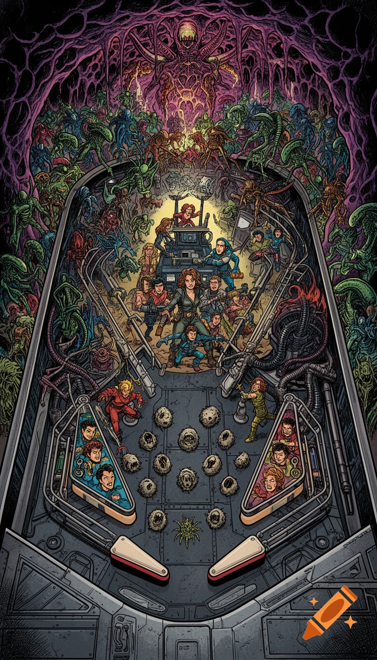 A busy retro comic art-style pinball playfield featuring green and blue xenomorphs, human characters including Ripley in a power loader, facehugger eggs, alien hives, and spaceship corridors.