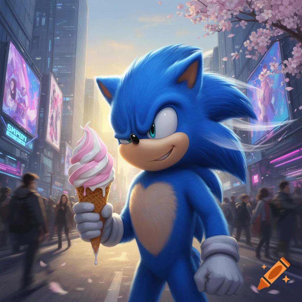 Blue Sonic the Hedgehog smiles, holding a pink and white swirl ice cream cone in a vibrant, bustling city street with neon billboards and cherry blossoms.
