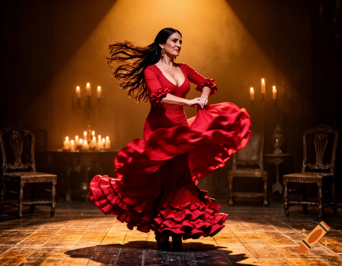 A woman in a vibrant red flamenco dress dances energetically on a spotlighted wooden stage, surrounded by dimly lit candles.
