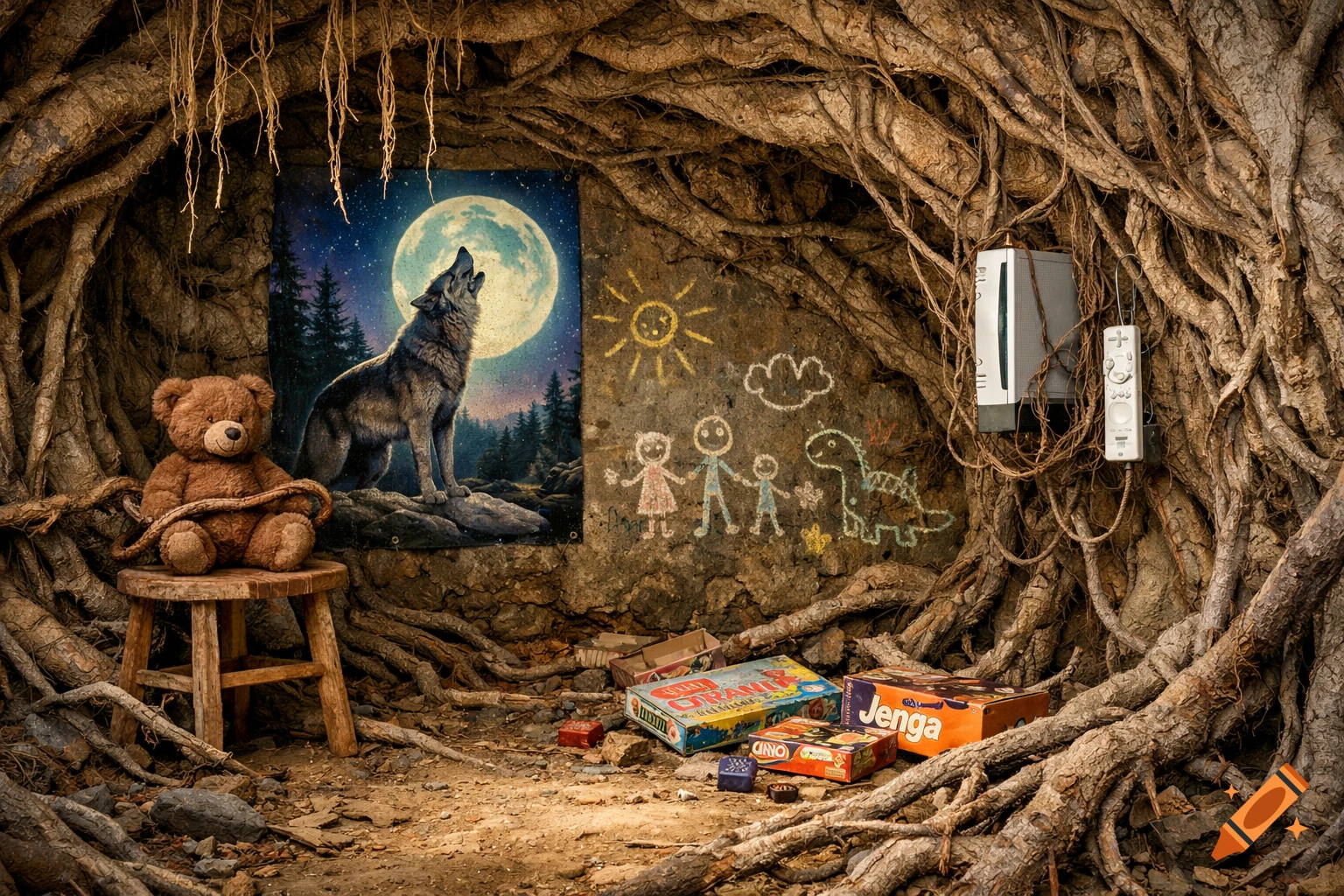 A brown teddy bear sits on a wooden stool in a root-filled tunnel, next to a wolf howling at the moon poster, games, and chalk drawings.