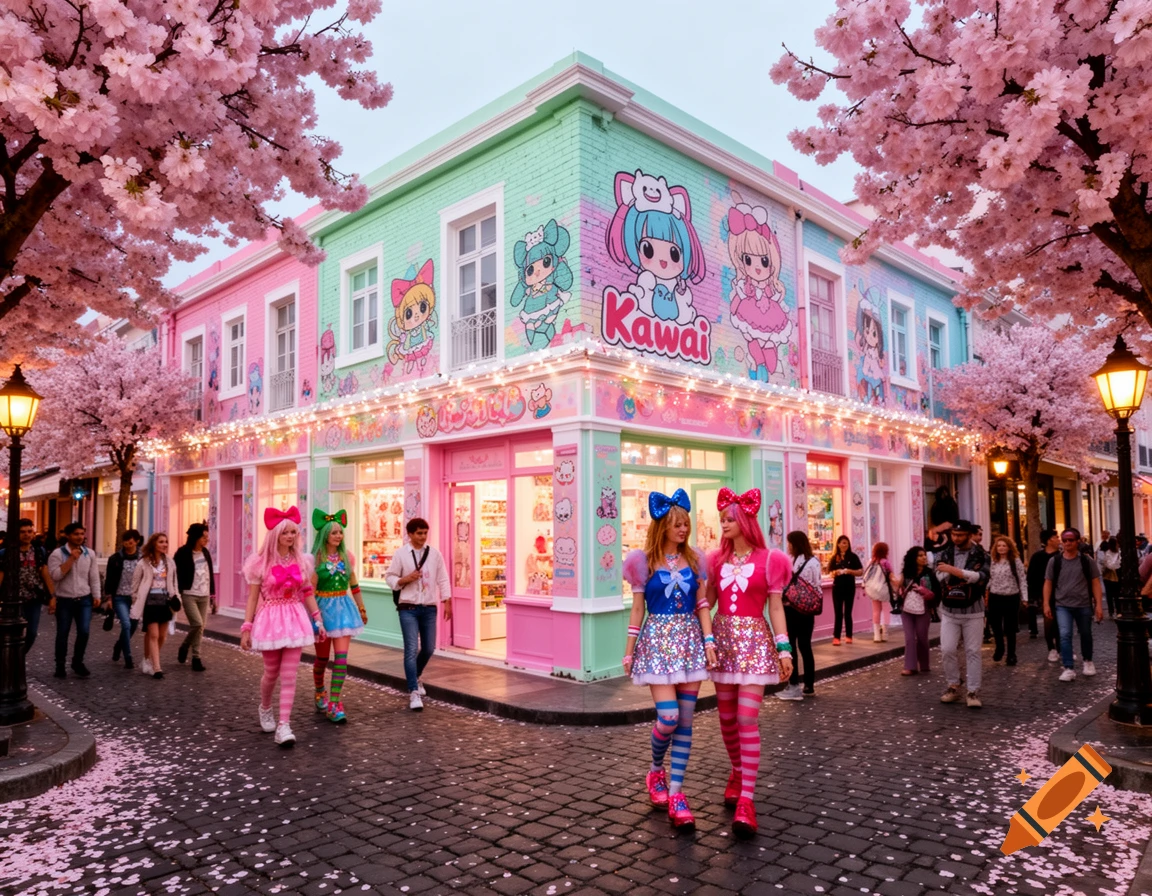 Vibrant street with pink and mint buildings, anime art, cherry blossoms, and pedestrians, including two women in elaborate kawaii fashion.
