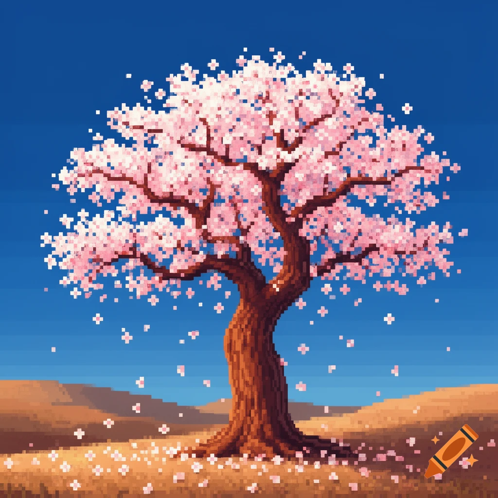 A vibrant pixel art image of a cherry blossom tree with pink petals falling, set against a blue sky and a brown, hilly landscape.