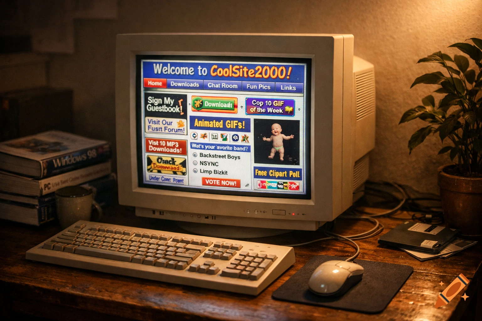 A close-up of a vintage computer with a CRT monitor displaying an early 2000s-style website. A keyboard, mouse, and old software boxes are on a wooden desk.