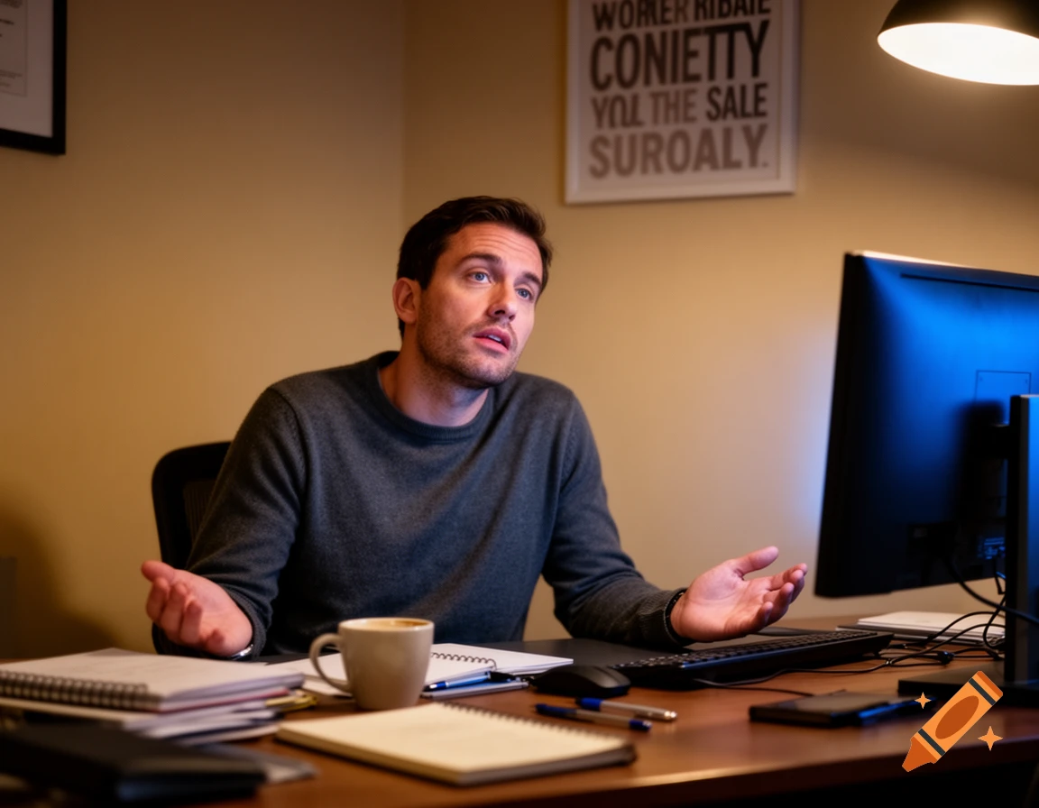 A man in a gray sweater sits at a computer desk, looking up with a confused or exasperated expression, hands slightly open. A coffee cup and notebooks are on the desk. A poster with garbled text hangs on the wall.