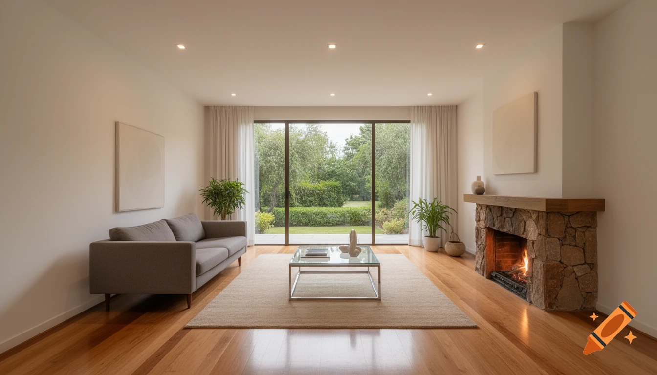 A modern living room with a gray sofa, glass coffee table, and a stone fireplace. A large window overlooks a lush garden.
